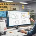 Contractor reviewing BIM permit-ready documents in Autodesk Revit with code-compliant drawings for faster building permit approvals in the USA.