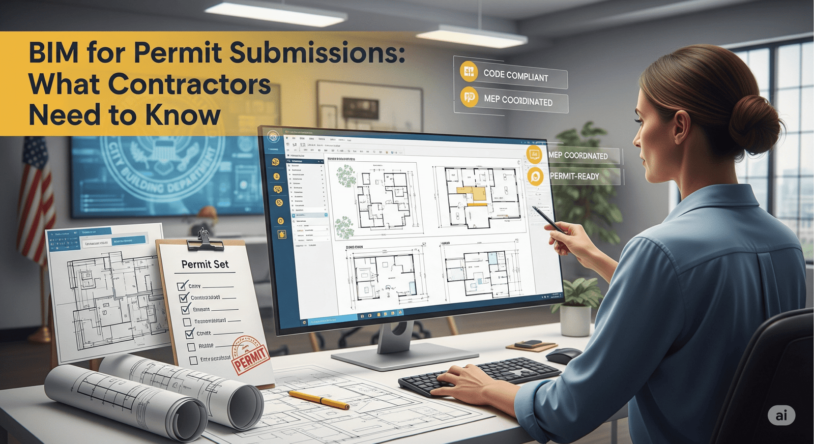 Contractor reviewing BIM permit-ready documents in Autodesk Revit with code-compliant drawings for faster building permit approvals in the USA.